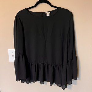J Crew Black Sheer Peplum Blouse with Bell Sleeve Size L